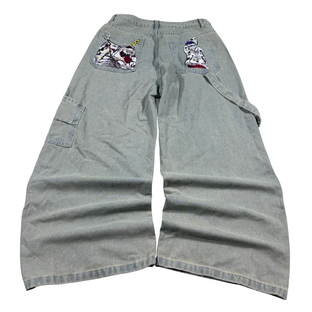 Super sick Wide Leg Jeans Mens 35 Light Wash Y2K Baggy Skater Graphic Grunge